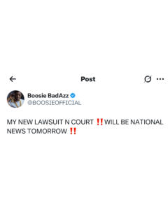 Post screen showing Boosie Badazz's verified profile announcing a new lawsuit will be national news tomorrow.