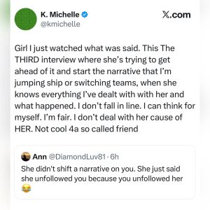 - Baller Alert Screenshot of a Twitter post by K. Michelle criticizing a third interview and a friend switching teams, with Ann’s reply below.