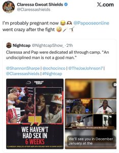 Screenshot of a social post by Claressa Shields referencing a nightcap shoutout and a Nightcap post about a boxing fight, with blue @ handle and emoji