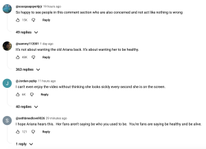 - Baller Alert Thread of social media comments discussing Ariana's health, showing user handles, avatars, and like counts above each reply
