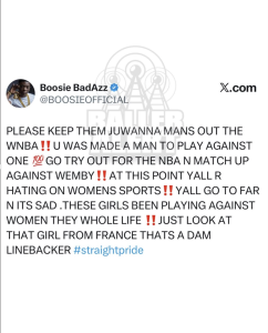 - Baller Alert Screenshot of a tweet by Boosie BadAzz (@BOOSIEOFFICIAL) with a long, all-caps message about women in sports and a #straightpride hashtag; watermark visible in background.