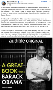 Barack Obama stands with arms crossed in front of a bookshelf on a book cover that reads 'A Great Book with Barack Obama' (Audible Original).
