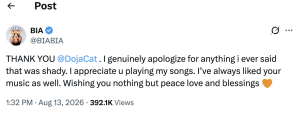 Tweet by BIA (verified) thanking @DojaCat, apologizing for past remarks and sending peace and blessings (orange heart).