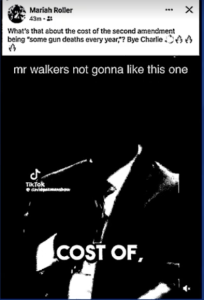 Black-and-white social graphic with a partially visible silhouette and the bold words 'COST OF,' suggesting a discussion on gun violence and the Second Amendment.