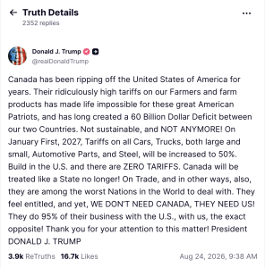 - Baller Alert Screenshot of a Truth Social post by Donald J. Trump criticizing Canada’s tariffs and claiming zero tariffs on cars and steel for the U.S.