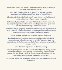Long italic quote on a beige background about a woman choosing herself, ending her engagement with the father of her child, Joey, and hoping for beginnings beyond hardship.