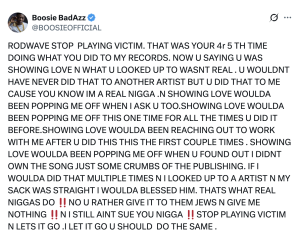 Verified rapper Boosie Badazz posts a long all-caps tirade accusing another artist of lying, stealing, and trying to discredit him.