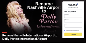 Banner shows a petition to rename Nashville Airport to Dolly Parton International Airport, with a signup form on the right side.