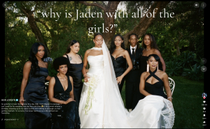 Bride in a white wedding gown standing among six bridesmaids in black dresses, outdoors in a garden; text overlay reads, “why is Jaden with all of the girls?”