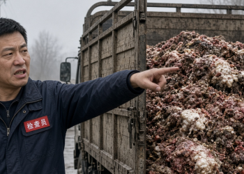 Man in a dark uniform pointing at a large pile of rotten meat in a truck bed, the scene suggesting an inspection or safety concern.