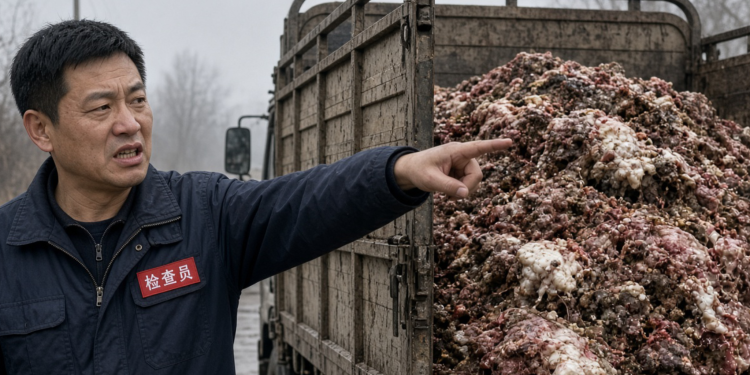 Man in a dark uniform pointing at a large pile of rotten meat in a truck bed, the scene suggesting an inspection or safety concern.