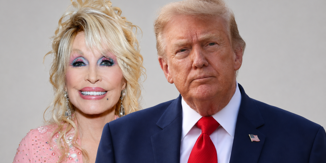 Smiling blonde woman in a pink sequined dress and large earrings stands next to a serious-looking man in a navy suit with a red tie and a US flag pin.