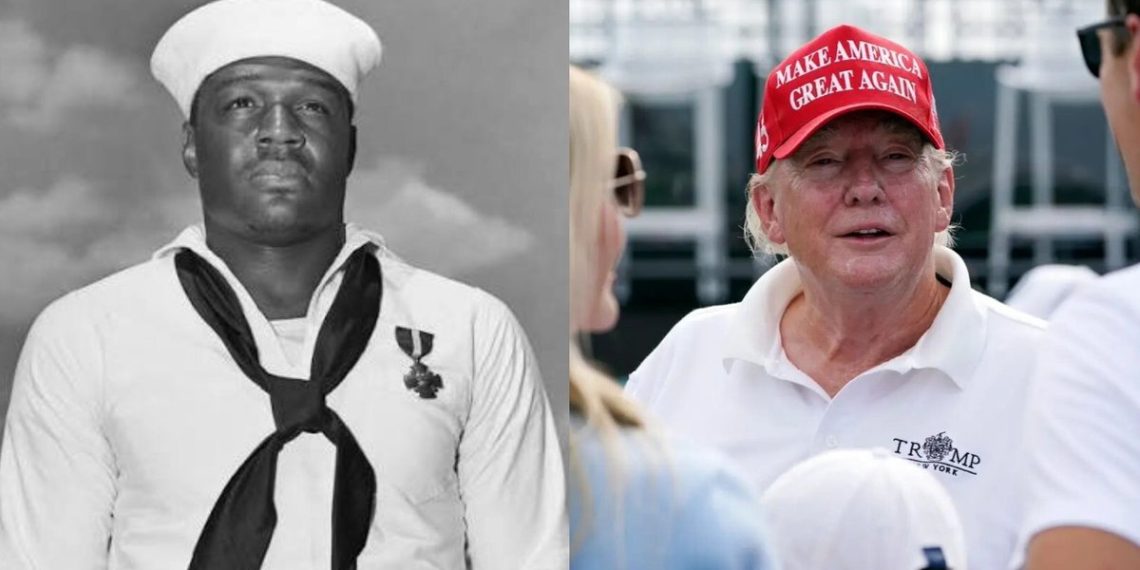 Doris Miller wearing the Navy Cross, the sailor the USS Doris Miller carrier was named for