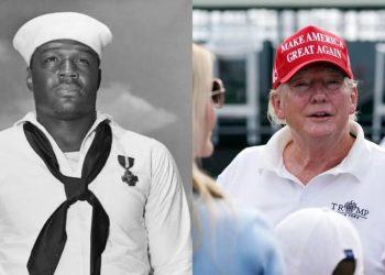 Doris Miller wearing the Navy Cross, the sailor the USS Doris Miller carrier was named for