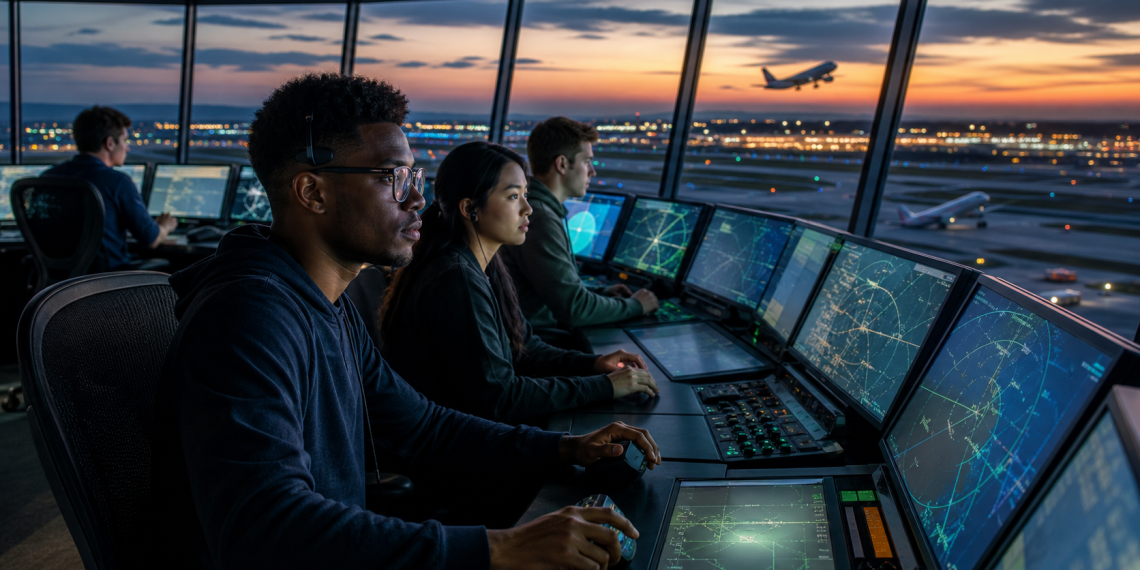 Video gamers recruited as air traffic controllers monitor radar screens inside an FAA control tower