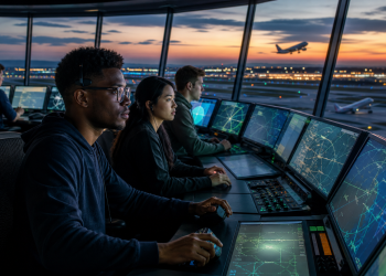 Video gamers recruited as air traffic controllers monitor radar screens inside an FAA control tower