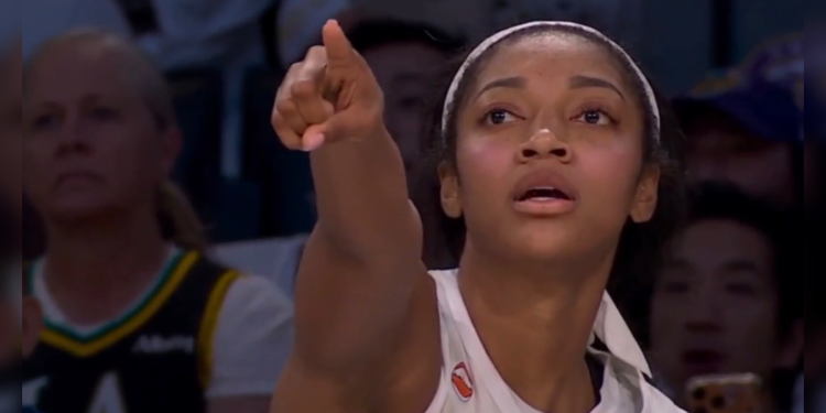 Angel Reese on the court during the Atlanta Dream game against the Los Angeles Sparks at Crypto.com Arena