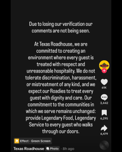 Screen showing a social post with a long statement from Texas Roadhouse about commitment to respectful treatment of guests and anti-discrimination, harassment, and harassment policies.