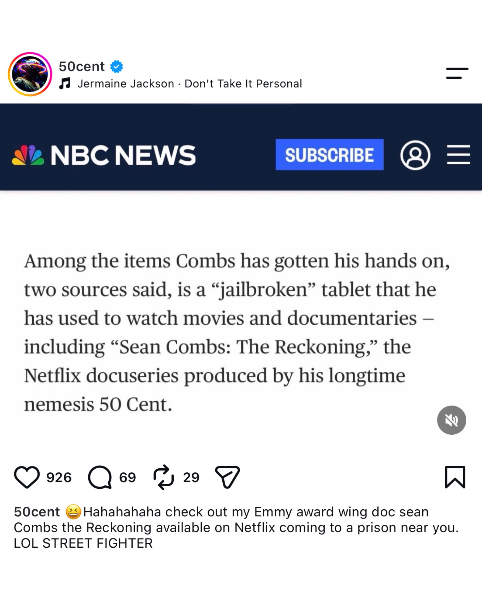 50 Cent Instagram post trolling Diddy in prison over The Reckoning