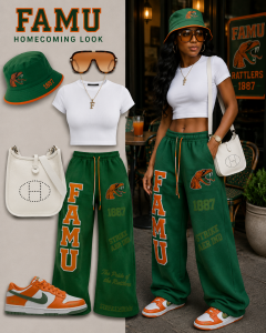 FAMU homecoming outfit with green rattler sweatpants, white crop top and orange and green Nike Dunks