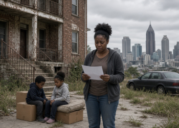 Atlanta evictions, Black renters reviewing an eviction notice and past due bill