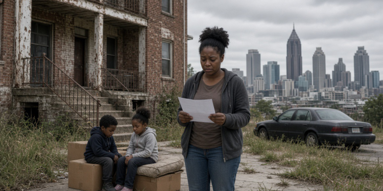 Atlanta evictions, Black renters reviewing an eviction notice and past due bill
