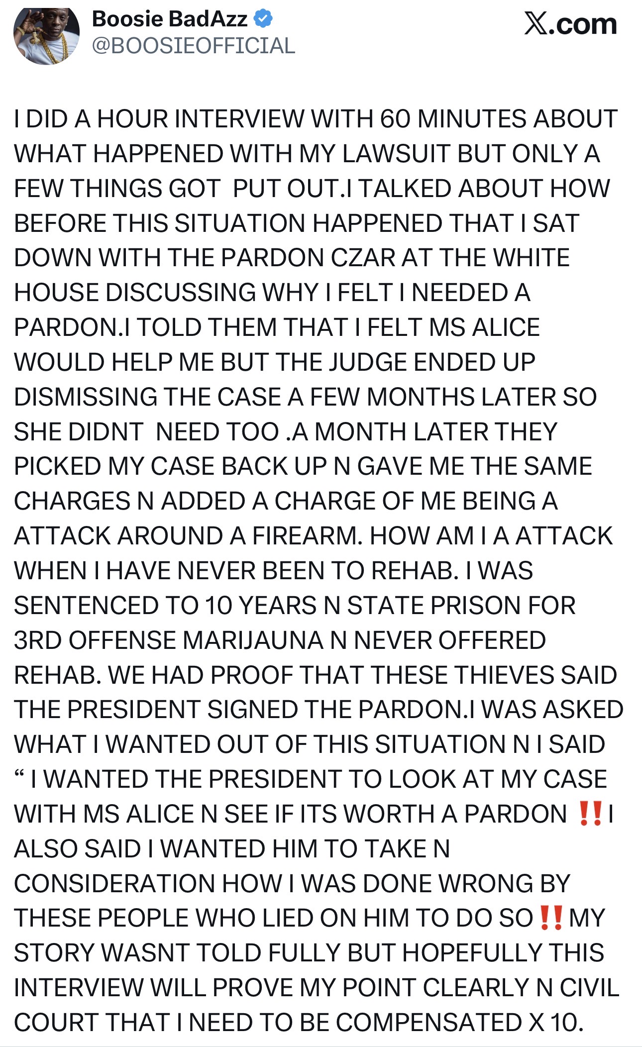 Boosie tweet - Baller Alert Boosie BadAzz post on X saying 60 Minutes aired only part of his pardon lawsuit interview
