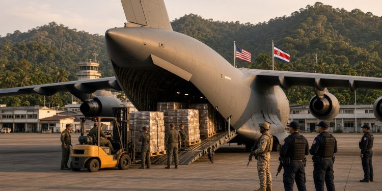 Seized drugs from Costa Rica loaded onto a US Air Force cargo plane for destruction in the United States