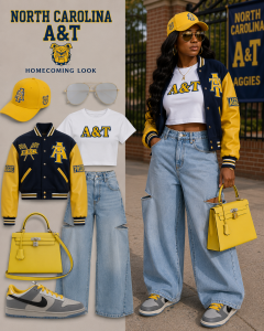 North Carolina A&T homecoming outfit with navy and gold varsity jacket and yellow Hermès Kelly bag