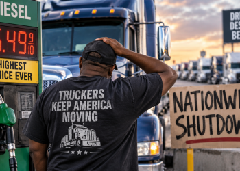 Diesel costs hit a record high as a truck driver stands at a fuel pump near a nationwide shutdown sign