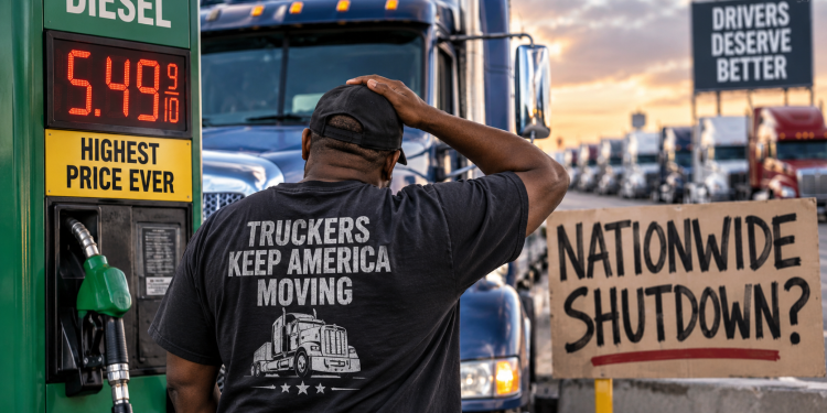Diesel costs hit a record high as a truck driver stands at a fuel pump near a nationwide shutdown sign