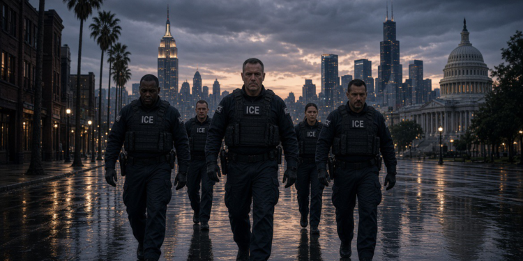 ICE agents during an immigration operation as DHS announces a sanctuary city surge