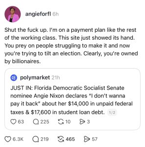 Instagram post by angieforfl with profile avatar and bold text criticizing a site, followed by a rounded card showing a Polymarket update about Angie Nixon claiming unpaid taxes and student loan debt.