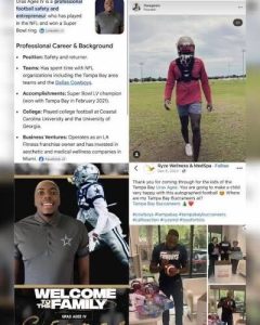 Collage of social posts about a professional football player and entrepreneur, showing bios, photos in a football field and a ‘Welcome to the Family’ graphic.
