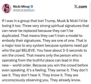 Screenshot of a long social-media post about spiritual signatures and crowd leadership, with a circular profile image, blue verification badge, and a lengthy paragraph