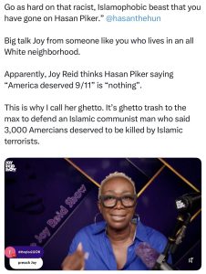 Screenshot of a text post accusing Joy Reid of saying 'America deserved 9/11' is 'nothing,' with a video frame of Joy Reid in a blue shirt speaking into a mic.