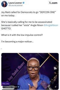 Tweet screenshot: Laura Loomer accuses Joy Reid of calling for Democrats to go 'DEFCON ONE' and alleges threats related to Angie Nixon (@AngieNixon). Streamed video still shows a woman in a blue shirt on a TV set.