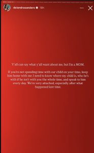 Red gradient background with white text sharing a mom’s message about custody and spending time with her child, including the line:'Y’all can say what y’all want about me, but I’m a MOM.'