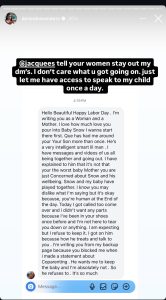 Instagram story overlay asking @jacquees to tell his women to stay out of her DMs, with a screenshot of a long direct message about speaking to her child and custody concerns.