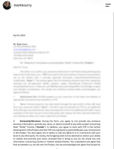 Blurry image of a formal letter dated April 9, 2024, addressed to Mr. Mark Curry, with a blue hyperlink visible.
