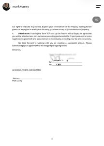 A scanned contract page showing text about project involvement, a signature area with 'By:', 'Its: CEO', and a handwritten signature line, plus a section labeled 'ACKNOWLEDGED AND AGREED:' with the name 'Mark Curry' printed beneath.