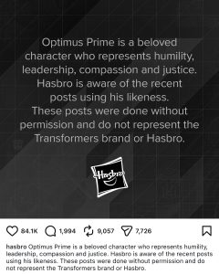 Hasbro statement on Instagram addressing unauthorized use of Optimus Prime's likeness