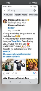 IMG_6050 - Baller Alert Facebook post by Claressa Shields celebrating Tony Rich's birthday, with a long loving message and hashtags, plus three photo thumbnails below.