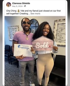 - Baller Alert Couple posing with a pink 'Sold' sign and a certificate after their first sale, smiling in an office setting.