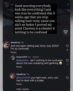 IMG_6052 - Baller Alert Screenshot of an Instagram post with a large black text block accusing someone of cheating and confirming past claims; user comments below discuss confusion over dating rumors.