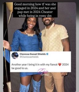 IMG_6053 - Baller Alert Smiling couple posing together; top text claims engagement in 2024 and caption mentions fiancé.