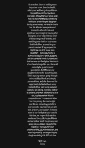 Long open letter from Teresa about her daughter Milania, requesting privacy and support during a difficult time.
