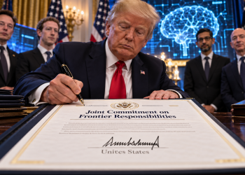 Trump And Silicon Valley Leaders Signed A Frontier AI Safety Pledge, Yet “United States” Was Misspelled Beneath His Signature