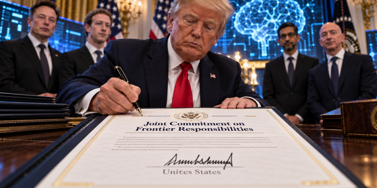 Trump And Silicon Valley Leaders Signed A Frontier AI Safety Pledge, Yet “United States” Was Misspelled Beneath His Signature - Baller Alert Trump And Silicon Valley Leaders Signed A Frontier AI Safety Pledge, Yet “United States” Was Misspelled Beneath His Signature