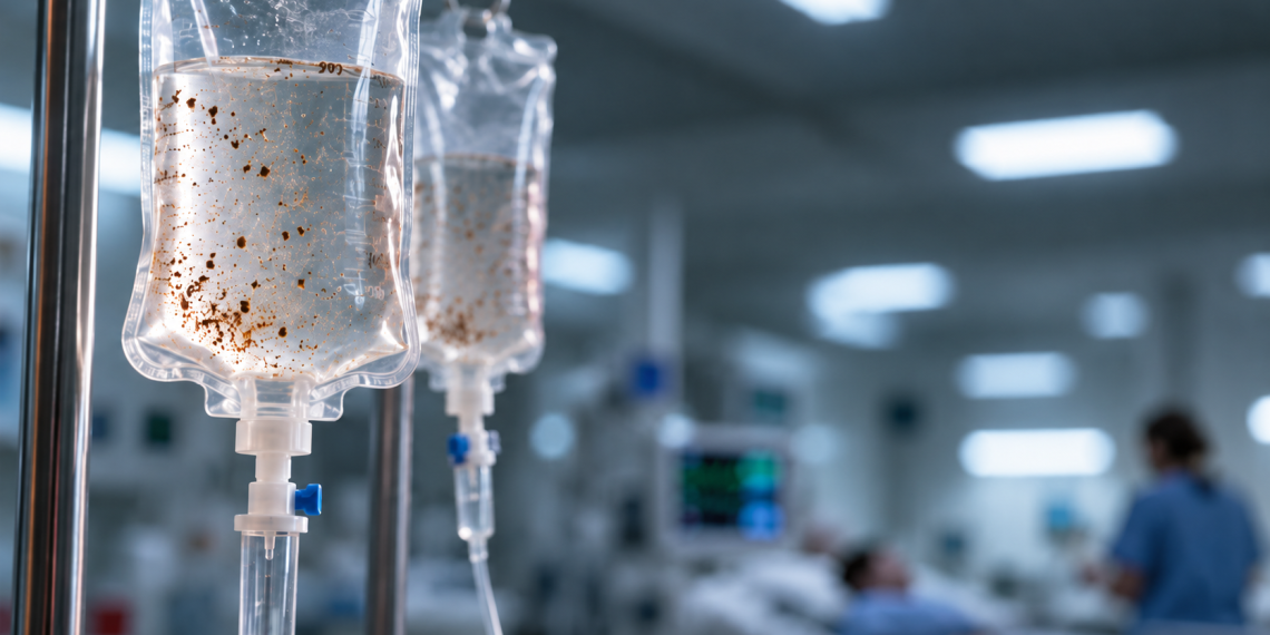 Close-up of intravenous (IV) bags hanging in a hospital ward, with a blurred patient care scene in the background.
